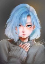  1girl 2017 absurdres artist_name asymmetrical_bangs black_sweater blue_eyes blue_hair blush dated eyeshadow grey_background hair_over_one_eye hand_on_own_chest highres kei_li_lim long_sleeves looking_at_viewer makeup matching_hair/eyes original parted_lips pink_lips portrait realistic short_hair signature sleeves_past_wrists solo sweater turtleneck turtleneck_sweater upper_body  rating:Sensitive score:11 user:danbooru