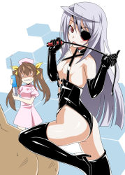  10s 2girls aoi_masami ass bdsm breasts brown_hair dominatrix elbow_gloves eyepatch femdom gloves high_heels highres huang_lingyin infinite_stratos latex latex_gloves laura_bodewig leather leotard licking long_hair multiple_girls nurse o_o red_eyes silver_hair small_breasts syringe thighhighs tongue twintails whip  rating:Questionable score:75 user:danbooru