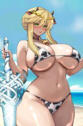  1girl absurdres ahoge animal_ears animal_print artoria_pendragon_(fate) artoria_pendragon_(lancer)_(fate) bare_shoulders bikini blonde_hair braid breasts cleavage cow_ears cow_horns cow_print crown fate/grand_order fate_(series) french_braid green_eyes hair_between_eyes highres horns lance large_breasts long_hair looking_at_viewer navel polearm raskasar sidelocks solo swimsuit thighs weapon 