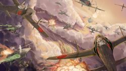  10s 6+girls abyssal_ship aerial_battle aircraft aircraft_carrier airplane bakatesu59 battle cloud destroyer dogfight enemy_aircraft_(kancolle) fairy_(kancolle) flight_goggles hat highres jet kantai_collection kyuushuu_j7w_shinden military military_vehicle multiple_girls ocean pilot salute shinden_(kancolle) ship sky sun warship watercraft 