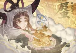  1girl bird black_hair caustics character_name commentary eye_print fate/grand_order fate_(series) foam forehead_tattoo giant giantess hair_rings horns house lantern long_hair long_horns long_sleeves looking_ahead looking_at_object multicolored_hair multicolored_horns open_mouth pagoda paper_lantern parted_bangs partially_submerged pink_hair pink_horns print_sleeves seisei14th sessyoin_kiara sessyoin_kiara_(swimsuit_mooncancer) sessyoin_kiara_(swimsuit_mooncancer)_(third_ascension) smile solo streaked_hair tree two-tone_horns water white_veil yellow_eyes 