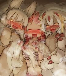 3girls absurdres animal_ears blush breasts brown_fur claws cum cum_on_penis cum_on_testicles erection faputa foreskin furry furry_female futanari handjob heart heart-shaped_pupils highres huge_penis huge_testicles lazyfish loli looking_at_viewer made_in_abyss mitty_(made_in_abyss) mitty_(made_in_abyss)_(furry) multiple_arms multiple_girls nanachi_(made_in_abyss) nipples no_bra no_humans no_panties open_mouth penis pov precum precum_string rabbit_ears rabbit_girl red_eyes red_fur red_hair saliva small_breasts sweat symbol-shaped_pupils tail teeth testicles tongue tongue_out uncensored whiskers white_fur white_hair yellow_eyes rating:Explicit score:138 user:DarkmoonBoi