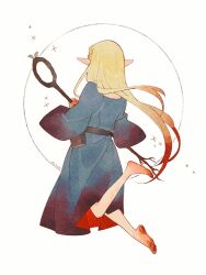  1girl barefoot belt_pouch blonde_hair blood blood_in_hair blood_on_clothes blood_on_feet blue_dress blue_robe braid commentary dirty dirty_feet dress dungeon_meshi elf facing_away floating floating_hair from_behind full_body highres holding holding_staff jumping long_hair long_sleeves magic marcille_donato nears plant_roots pointy_ears pouch robe single_braid soles solo sparkle sprout staff two-sided_fabric very_long_hair white_background 
