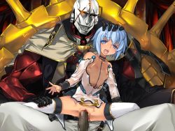 1boy 1girl alice_soft armor blood blue_eyes blue_hair breasts cape censored daiteikoku dark_skin defloration empty_eyes evil_smile hand_on_another&#039;s_head head_grab hetero highres mckinley_(daiteikoku) mosaic_censoring nipples open_mouth penis princess_(daiteikoku) pussy rape reverse_upright_straddle screaming see-through sex sex_from_behind size_difference small_breasts smile tears thighhighs vaginal