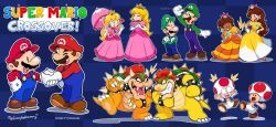 2girls 6+boys angry annoyed artist_name blonde_hair bowser breasts brooch brown_hair collaboration crown dress facial_hair full_body gloves grin hand_on_own_hip hat high_heels horns jewelry long_hair looking_at_another luigi mario mario_(series) mayo_(funnyhoohooman) medium_breasts multiple_boys multiple_girls mustache nintendo one_eye_closed open_mouth overalls pink_dress princess_daisy princess_peach puffy_short_sleeves puffy_sleeves red_hair short_sleeves smile spiked_shell toad_(mario) tomboy umbrella vinny_(dingitydingus) wink