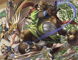  4boys animal_ears armor bara bead_necklace beads brown_fur closed_mouth commentary_request dragon dust_cloud eating eyebrow_cut fat fat_man food foot_out_of_frame fundoshi furry furry_male geta green_kimono gyobu_(housamo) hammer holding holding_food holding_hammer holding_leaf holding_weapon huge_eyebrows japanese_armor japanese_clothes jewelry jpeg_artifacts kimono kote large_tail leaf male_focus masa_(bowser) multiple_boys necklace nipples open_clothes open_kimono pawpads raccoon_boy raccoon_ears raccoon_tail red_scarf sarashi scar scar_on_face scarf shin_guards short_hair smile solo_focus tabi tail tokyo_houkago_summoners weapon 