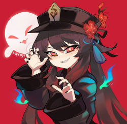  1girl artist_name black_coat black_headwear black_nails blue_fire blush brown_hair chinese_clothes coat commentary english_commentary eyebrows_visible_through_hair fang fire flower genshin_impact ghost hair_between_eyes hat hat_flower hu_tao jewelry lazymimium long_hair long_sleeves looking_at_viewer nail nail_polish parted_lips plum_blossoms red_background red_eyes red_flower ring signature simple_background smile solo symbol-shaped_pupils teeth twitter_username very_long_hair watermark wide_sleeves 
