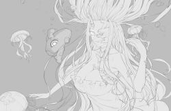  1girl absurdres abyssal_jellyfish_princess abyssal_ship bare_shoulders breasts cleavage dress floating_hair frilled_dress frills greyscale highres jellyfish kantai_collection kukurus large_breasts long_hair looking_at_viewer monochrome one_eye_covered parted_lips simple_background strapless strapless_dress very_long_hair 