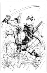  1boy bodysuit border commentary commission deadpool deadpool_(series) english_commentary full_body gloves greyscale highres jumping looking_at_viewer male_focus marvel monochrome nethodiazz simple_background solo sword weapon western_comics_(style) white_border 