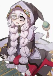  1girl absurdres asteria_of_the_white_woods black_coat black_hat black_sweater blurry blurry_background blush book braid coat diabellstar_the_black_witch duel_monster full_body grey_eyes grey_hair haggar114514 hat highres kneeling long_hair looking_up pantyhose red_pantyhose solo sweater tearing_up tears twin_braids very_long_hair yu-gi-oh! 