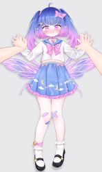 1girl 2024 bell belly blue_hair blush choker fairy fairy_wings holding_down holding_hands indie_virtual_youtuber littlenii pink_eyes pointy_ears purple_hair sailor_fuku shoes sock solo virtual_youtuber wings yunacamillea