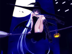  1girl boots broom chain female_focus halloween hat knee_boots long_hair looking_at_viewer panties solo underwear very_long_hair white_hair witch witch_hat  rating:Questionable score:7 user:Nuuigotthefunk