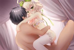 1boy 1girl :o black_hair blonde_hair bow censored curtains faceless faceless_male flat_chest flower flower_knight_girl game_cg green_bow green_eyes hair_bow hair_flower hair_ornament hakobera_(flower_knight_girl) hetero hug loli looking_at_another mosaic_censoring nipple_stimulation nipple_tweak nipples official_art open_mouth penis sex shiodome_oji short_hair spread_legs straddling thighhighs upright_straddle vaginal white_thighhighs rating:Explicit score:57 user:danbooru