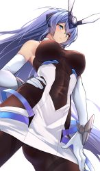  1girl :3 absurdres armpits azur_lane bare_shoulders blue_eyes blue_hair blush bodystocking breasts closed_mouth commentary_request covered_erect_nipples covered_navel cowboy_shot dress elbow_gloves from_below gloves gluteal_fold hair_between_eyes hair_intakes hand_on_own_hip headgear highres large_breasts long_hair new_jersey_(azur_lane) partial_commentary rikiddo_(tise_00) sidelocks simple_background smile solo standing taut_clothes vambraces very_long_hair white_background white_dress white_gloves  rating:Sensitive score:51 user:danbooru