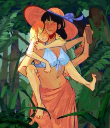 2girls ^_^ barefoot bikini black_hair blue_bikini blue_bow blunt_bangs bow carrying closed_eyes commentary cowboy_shot english_commentary extra_arms forest fuhscia hana_hana_no_mi hat hat_bow highres holding holding_shoes multiple_girls nami_(one_piece) nature nico_robin one_piece orange_hair piggyback plant sarong shoes sleeping swimsuit 