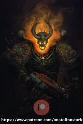  1boy adeptus_astartes anato_finnstark armor bolter chaos_(warhammer) chaos_space_marine demon_horns fire flaming_head flaming_skull gauntlets gun heresy highres holding holding_weapon horns imperium_of_man looking_at_viewer patreon_logo patreon_username pauldrons power_armor shoulder_armor skull solo spiked_armor warhammer_40k watermark weapon web_address 
