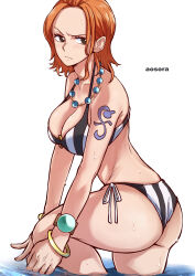  1girl aosora2823 ass bead_necklace beads bikini breasts brown_eyes closed_mouth curvy forehead gold_bracelet highres huge_ass jewelry large_breasts log_pose micro_bikini nami_(one_piece) necklace one_piece one_piece:_strong_world orange_hair shiny_skin short_hair shoulder_tattoo solo striped_bikini striped_clothes swimsuit tattoo thong thong_bikini twisted_torso v-shaped_eyebrows wading water wide_hips  rating:Sensitive score:77 user:danbooru