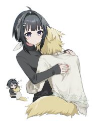  1boy 1girl 9kugai ahoge alternate_costume animal_ears arknights bird_girl black_hair black_shirt blonde_hair brother_and_sister commentary_request cropped_torso dog_boy dog_ears dog_tail expressionless facing_viewer hair_intakes hair_ornament hairband hairclip hand_on_another&#039;s_back hand_on_another&#039;s_head hand_on_another&#039;s_shoulder highres hug inset la_pluma_(arknights) parted_lips purple_eyes shirt siblings signature simple_background step-siblings tail tequila_(arknights) turtleneck white_background white_hairband white_shirt 