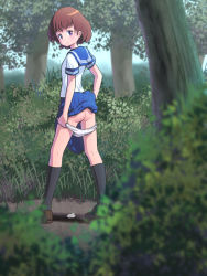 1girl ass black_socks blue_skirt blush breasts brown_footwear brown_hair bush clothes_lift female_focus forest from_behind grass highres kneehighs kusashige looking_back nature panties panty_pull puddle purple_eyes shirt shoes short_hair short_sleeves skirt skirt_lift sky small_breasts socks standing tissue tree underwear used_tissue white_panties white_shirt rating:Questionable score:31 user:cpee