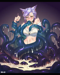  1girl animal_ears warrior_of_light_(ff14) blush bra breasts cat_ears commission earrings facial_mark final_fantasy final_fantasy_xiv glasses jewelry miqo&#039;te navel ooshio7734 oral original purple_hair restrained skeb_commission slimy solo tentacles tentacles_under_clothes underwear wet yellow_eyes 