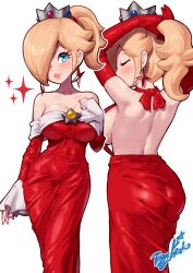  1girl alternate_costume ass blonde_hair blue_eyes blush closed_mouth commentary crown detached_sleeves dress dual_persona earrings elbow_gloves english_commentary fire_rosalina gloves hair_over_one_eye highres jewelry lips long_hair mario_(series) nintendo one_eye_covered pink_lips red_dress red_gloves rosalina signature simple_background smile strapless strapless_dress super_mario_3d_world toggy_keiichi white_background  rating:Sensitive score:33 user:danbooru