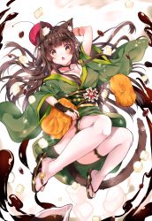  1girl ahoge animal_ear_fluff animal_ears anmitsu_(dessert) bare_shoulders bracelet braid breasts brown_eyes brown_hair cat_ears cat_tail chestnut_mouth choker cleavage collarbone commentary_request convenient_leg duji_amo flower food geta hat highres hikimayu japanese_clothes jewelry kimono legs_up long_hair looking_at_viewer medium_breasts midair obi off_shoulder open_mouth original pillow sash solo sparkle tail thick_eyebrows thighhighs usagihime wagashi water_drop white_thighhighs wide_sleeves 