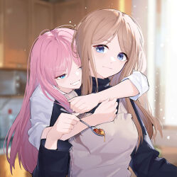 2girls apron bang_dream! bang_dream!_it&#039;s_mygo!!!!! black_sweater blue_eyes blush brown_hair chihaya_anon chinese_commentary closed_mouth commentary_request fang grin housewife hug hug_from_behind indoors kitchen light_particles long_hair multiple_girls nagasaki_soyo pink_hair shirt skin_fang sleeves_rolled_up smile sweater turtleneck turtleneck_sweater upper_body white_apron white_shirt wife_and_wife yun_cao_bing yuri 