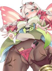  1boy 1girl absurdres ahoge bikini blue_eyes blush braid breasts brown_pantyhose butterfly_wings cameltoe capelet cleft_of_venus clothes_lift commission commissioner_upload condom condom_wrapper cross-laced_clothes cross-laced_dress deep_skin fairy_wings fingernails fire_emblem fire_emblem_fates fire_emblem_heroes flower flower_bracelet from_below gloves gluteal_fold gradient_clothes green_bracelet groping hair_vines hetero highres insect_wings kiran_(fire_emblem) kiran_(male)_(fire_emblem) leaf_bracelet leather leather_gloves lifted_by_self long_fingernails long_hair looking_at_viewer low_twin_braids medium_breasts micro_bikini nail_polish nina_(fire_emblem) nina_(resplendent)_(fire_emblem) nintendo non-web_source official_alternate_costume panties pantyhose parted_bangs pink_capelet pink_flower pink_nails pink_panties pov pussy ragnaveldt shy skirt skirt_lift solo_focus swimsuit thigh_grab transparent_background twin_braids underwear vine_bracelet vine_harness vine_print white_flower wings 