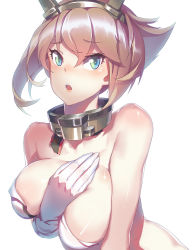 10s 1girl :o bare_shoulders blush breasts brown_hair cleavage collar covering_privates covering_breasts covered_erect_nipples headband kantai_collection large_breasts looking_at_viewer madyy mutsu_(kancolle) short_hair simple_background solo upper_body white_background rating:Questionable score:19 user:danbooru
