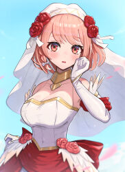 1girl absurdres blush boots bow breasts bridal_veil bride detached_sleeves dress fire_emblem fire_emblem_engage fire_emblem_heroes flower gloves gold_trim gonzarez hairband halterneck highres lapis_(fire_emblem) lapis_(mighty_bride)_(fire_emblem) looking_at_viewer medium_breasts nintendo official_alternate_costume pink_eyes pink_hair red_flower red_rose rose solo thigh_boots two-tone_hairband veil wedding_dress white_dress white_gloves white_hairband yellow_hairband 