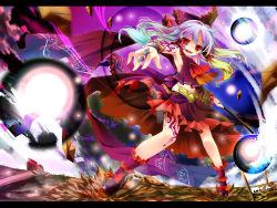  1girl adapted_costume alternate_color blue_hair bow bracelet broken_ground chain colored_sclera colorful danmaku facial_mark fangs female_focus frills hair_bow hakurei_reimu highres jewelry kamiya_yuu letterboxed long_hair m.u.g.e.n maga-reimu markings mary_janes md5_mismatch midriff multicolored_hair navel outstretched_arm red_eyes red_sclera ring shoes smile solo tattoo touhou yin_yang  rating:Sensitive score:6 user:danbooru