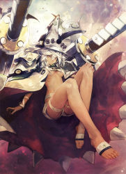  &gt;:( 1girl arc_system_works arm_guards banpai_akira barefoot breasts cannon cape clover dark_skin dark-skinned_female feet four-leaf_clover frown guilty_gear guilty_gear_xrd hand_on_own_knee hat highres jewelry legs looking_at_viewer machinery orange_eyes ramlethal_valentine revision serious short_hair shorts silver_hair small_breasts solo spikes stomach toes turret underboob v-shaped_eyebrows white_cape 