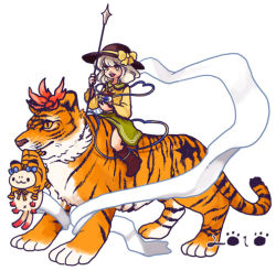  1girl bishamonten&#039;s_pagoda female_focus kaenbyou_rin kaenbyou_rin_(cat) komeiji_koishi lowres polearm riding ruto_(petatann) spear toramaru_shou toramaru_shou_(tiger) touhou weapon 