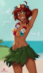  1girl :d ahoge arm_behind_back arm_up armpits artist_logo artist_name beach blue_flower blue_sky blurry blurry_background blush breasts collarbone commentary convenient_censoring covering_breasts covering_privates cowboy_shot dark-skinned_female dark_skin english_commentary flower flower_necklace freckles grass green_eyes grin groin head_wreath hibiscus highres hula jewelry leaf_skirt lei light_particles looking_at_viewer loose_hair_strand lowleg lowleg_skirt malberrybush malyna_(malberrybush) medium_hair midriff milestone_celebration miniskirt navel necklace ocean open_mouth orange_flower original paid_reward_available palm_tree purple_flower red_flower red_hair sand side_ponytail skirt sky small_breasts smile solo standing thank_you topless tree white_flower 