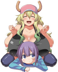  1boy 1girl age_difference bare_shoulders black_shirt blonde_hair blush breasts cleavage closed_eyes collarbone dot_nose dragon_girl dragon_horns girl_on_top hair_between_eyes happy hat horns huge_breasts kobayashi-san_chi_no_maidragon long_hair long_sleeves lucoa_(maidragon) lucoa_wa_boku_no_xx_desu lying magatsuchi_shouta matching_hair/eyes multicolored_hair official_art open_mouth purple_eyes purple_hair shiny_clothes shiny_skin shirt short_hair sidelocks sitting sitting_on_person size_difference skindentation sleeveless smile thick_thighs thighhighs thighs utamaro w_arms white_background  rating:Questionable score:52 user:darkknightomega