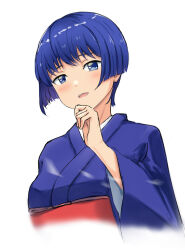  1girl ai_yori_aoshi blue_eyes blue_hair blush breasts commentary_request highres japanese_clothes kimono long_sleeves looking_at_viewer medium_breasts open_mouth resolution_mismatch sakuraba_aoi short_hair smile solo source_smaller white_background yoo_tenchi 
