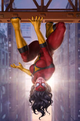  1girl black_hair bodysuit boots breasts building city day elbow_gloves gloves highres jessica_drew knee_boots long_hair looking_at_viewer marvel medium_breasts outdoors red_bodysuit red_mask skyscraper solo spider-man_(series) spider-woman upside-down yellow_footwear yellow_gloves yoon_junggeun 