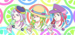  3girls ankuru bad_id bad_pixiv_id blue_eyes blue_hair breasts cleavage dixie_cup_hat flower food green_eyes hair_bobbles hair_ornament hat hirose_yasuho jojo_no_kimyou_na_bouken jojolion military_hat multicolored_eyes multicolored_hair multiple_girls multiple_persona orange_eyes pink_hair popsicle red_eyes rose small_breasts smile sun_hat tongue tongue_out twitter_username two-tone_hair 