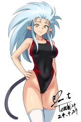 1girl big_hair black_one-piece_swimsuit blue_hair breasts competition_swimsuit covered_navel dated groin highleg highleg_swimsuit highres large_breasts long_hair looking_at_viewer one-piece_swimsuit ryouko_(tenchi_muyou!) signature simple_background solo spiked_hair swimsuit tail tenchi_muyou! thighhighs twitter_username two-tone_swimsuit white_background white_thighhighs yellow_eyes yoo_tenchi 