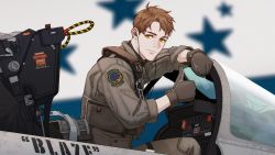  1boy ace_combat ace_combat_5 aircraft airplane bag blaze_(ace_combat) brown_hair cockpit earpiece f-14 f-14_tomcat fighter_jet gloves harness highres jet looking_at_viewer military military_vehicle osean_flag patch pilot pilot_suit reference_photo sitting skyleranderton smile solo thumbs_up top_gun wardog_squadron yellow_eyes 