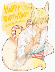 1boy animal_ears colorpanther cropped_torso dated english_text fox_ears fox_shadow_puppet fox_tail happy_birthday japanese_clothes kimono kise_ryouta kuroko_no_basuke looking_at_viewer male_focus open_mouth short_hair smile solo star_(symbol) tail teeth tongue white_background white_kimono yellow_eyes 