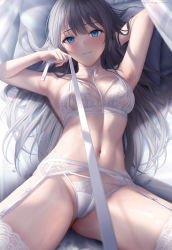  1girl arm_behind_head armpits bare_arms black_hair blue_eyes blush bra breasts closed_mouth commentary garter_belt highres holding holding_leash large_breasts leash lingerie long_hair looking_at_viewer lying mhru navel on_back on_bed original panties pillow pov solo stomach sweat symbol-only_commentary thighhighs underwear underwear_only viewer_on_leash white_bra white_panties white_thighhighs  rating:Sensitive score:99 user:danbooru