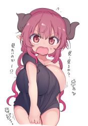 1girl blush breasts cleavage cool-kyou_shinja dragon_girl dragon_horns drill_hair horns huge_breasts ilulu_(maidragon) kobayashi-san_chi_no_maidragon long_hair looking_at_viewer open_mouth pointy_ears red_eyes red_hair shirt shortstack simple_background slit_pupils solo standing t-shirt twintails white_background rating:Sensitive score:160 user:danbooru