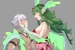  1boy 1girl bare_shoulders blush breasts brown_eyes brown_shirt claws closed_mouth commentary dragon_girl dragon_horns dragon_tail dragon_wings dress english_commentary eye_contact fingernails fire_emblem fire_emblem_awakening flying_sweatdrops green_eyes grey_background grey_hair hand_on_another&#039;s_face height_difference highres horns long_hair looking_at_another medium_breasts monster_girl nintendo pointy_ears profile red_dress robin_(fire_emblem) robin_(male)_(fire_emblem) sakuremi scales shirt short_hair short_sleeves simple_background strapless strapless_dress tail tiki_(adult)_(fire_emblem) tiki_(fire_emblem) tongue tongue_out white_hair wings 