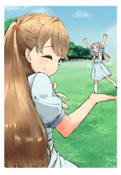  2girls ;) ^_^ ankle_socks arms_up blonde_hair blue_hair blue_sky blurry blurry_background border brown_footwear brown_hair closed_eyes closed_mouth dress fang flower forced_perspective fujishima_megumi gradient_hair grass hair_flower hair_ornament hands_up hasu_no_sora_school_uniform highres light_blue_hair link!_like!_love_live! loafers long_hair looking_at_viewer love_live! medium_dress mendo_(mend0o0_) multicolored_hair multiple_girls neckerchief one_eye_closed open_mouth osawa_rurino parted_bangs pleated_dress purple_eyes red_neckerchief sailor_collar sailor_dress school_uniform shoes short_sleeves skin_fang sky smile socks split_mouth standing standing_on_another&#039;s_hand summer_uniform twintails two_side_up virtual_youtuber white_border white_dress white_flower white_sailor_collar white_socks 