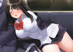 1boy 1girl black_hair black_jacket black_skirt blush bow bowtie breasts closed_eyes collared_shirt commentary_request dress_shirt drooling highres jacket kaisen_chuui large_breasts leaning_to_the_side medium_hair miniskirt open_mouth original panties red_bow red_bowtie school_uniform shirt side-tie_panties skirt sleeping sleeping_on_person solo_focus thighs underwear untucked_shirt white_shirt rating:Sensitive score:64 user:danbooru