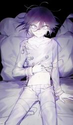  1boy arm_belt belt bulge buttons chain closed_mouth collarbone danganronpa_(series) danganronpa_v3:_killing_harmony dark double-breasted eyelashes full_body hair_between_eyes hand_on_own_stomach highres kneeling long_sleeves looking_at_viewer male_focus male_underwear messy_hair multicolored_buttons multiple_belts navel no_scarf oma_kokichi on_bed open_belt pale_skin pants pillow purple_eyes purple_hair shirt short_hair smile solo stomach striped_male_underwear thigh_belt thigh_strap tian_(my_dear) underwear unzipped white_belt white_male_underwear white_pants white_shirt white_sleeves 