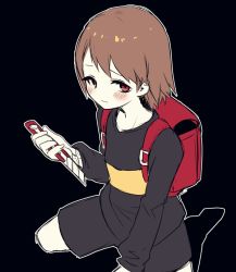  1other androgynous bad_id bad_pixiv_id black_background boxcutter brown_hair chara_(undertale) closed_mouth commentary_request knife looking_at_viewer nevada-tan oshiruko_(tsume) real_life red_eyes shirt short_hair shorts simple_background solo striped_clothes striped_shirt undertale 