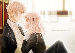  1boy 1girl against_bookshelf black_jacket black_pants blazer blonde_hair book bookshelf character_name closed_eyes collared_shirt colored_eyelashes commentary_request copyright_name couple day diabolik_lovers earphones facing_another facing_to_the_side flower hair_flower hair_ornament hand_on_own_head highres indoors jacket komori_yui lapels long_hair long_sleeves looking_at_another open_clothes open_collar open_jacket pants parted_lips partially_unbuttoned red_flower rei_(usabiba) sakamaki_shuu school_uniform shared_earphones shirt short_hair sitting sweater transparent_curtains upper_body white_shirt window yellow_eyes yellow_flower yellow_sweater 