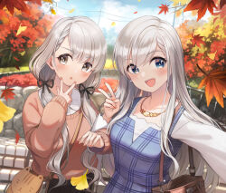  2girls autumn_leaves bag black_ribbon blue_dress blue_eyes blue_sky blurry blush bow braid braided_bangs breasts brown_eyes brown_sweater chestnut_mouth collarbone commentary day depth_of_field dress earrings falling_leaves flower flower_necklace ginkgo_leaf glint grey_hair hair_bow hair_ribbon hand_up highres hisakawa_hayate hisakawa_nagi idolmaster idolmaster_cinderella_girls idolmaster_cinderella_girls_starlight_stage jewelry leaf long_hair long_sleeves looking_at_viewer low_twintails maple_leaf medium_breasts multiple_girls nail_polish necklace open_mouth orange_nails outdoors plaid plaid_dress power_lines ribbon shirt shoulder_bag siblings sisters sky sleeveless sleeveless_dress smile stairs sweater teeth tree tuna_picture twins twintails upper_body upper_teeth_only utility_pole v very_long_hair w white_shirt 